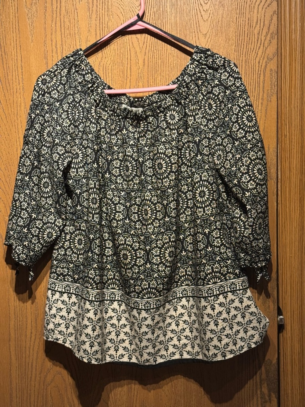 Mileage Off Shoulder Blouse Womens Large Blue Paisley 3/4  Sleeve Ribbon ties